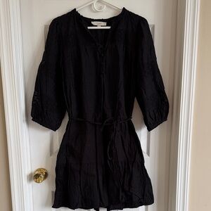 LOFT Black Textured Button-Front Dress with Tie Waist